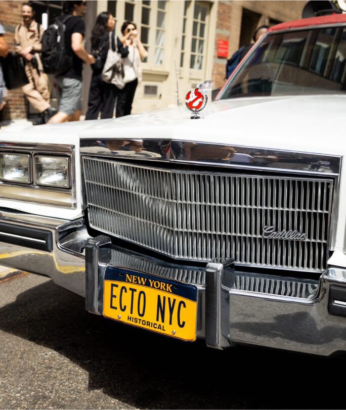The front of ECTO NYC, the group's 1983 Cadillac Fleetwood Hearse Ecto.