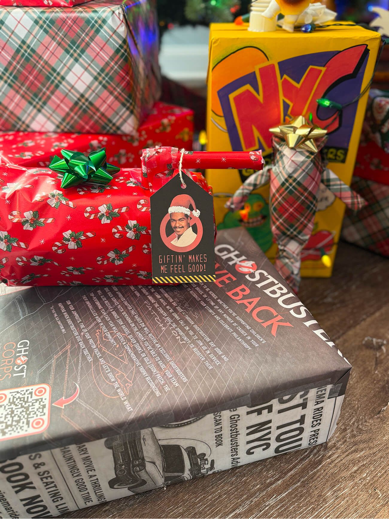 Ray Parker Jr. gift tag on a ghost trap for the NYC Ghostbusters Toy Drive