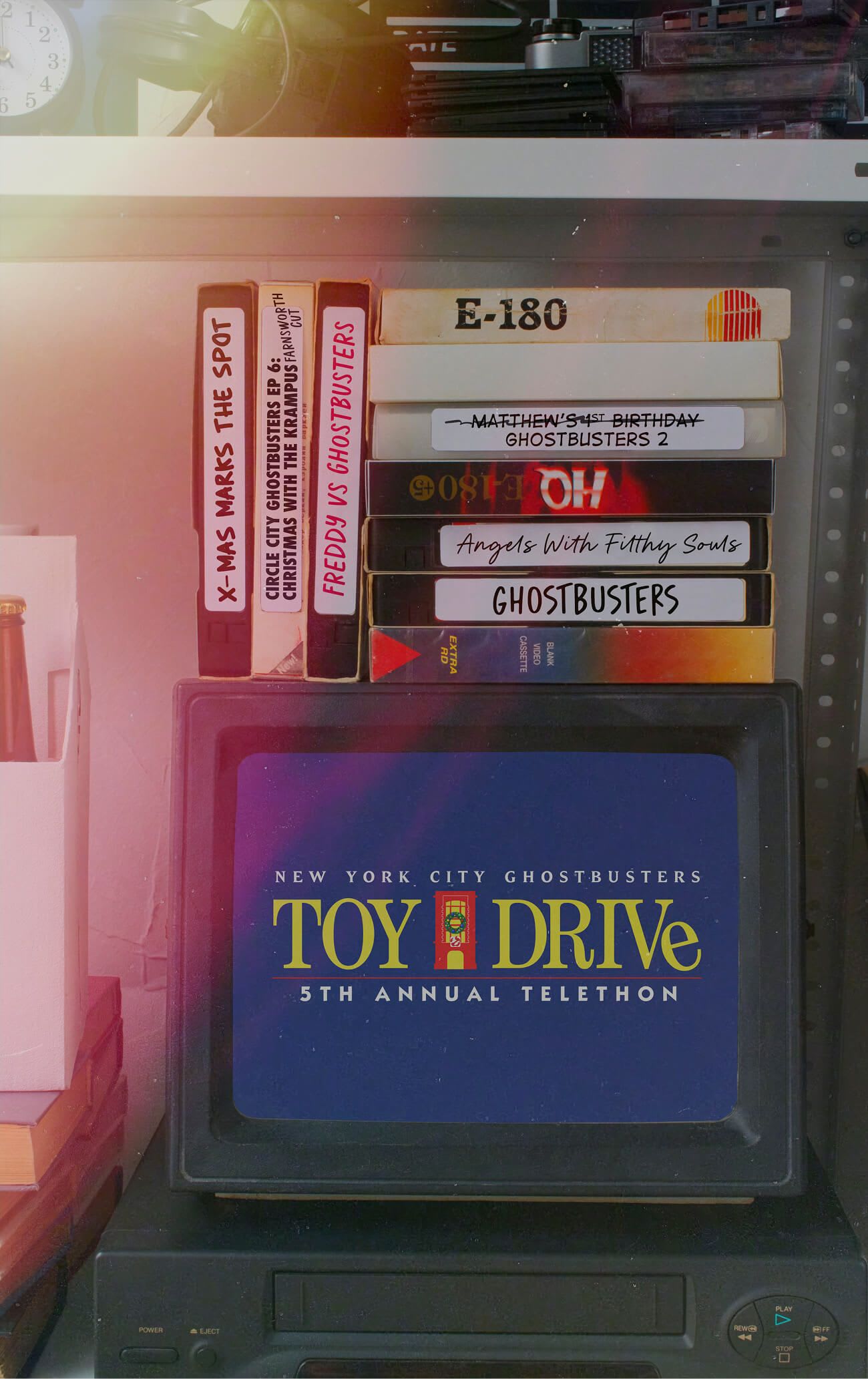 NYC Ghostbusters Toy Drive on a CRT TV with some fun VHS tapes