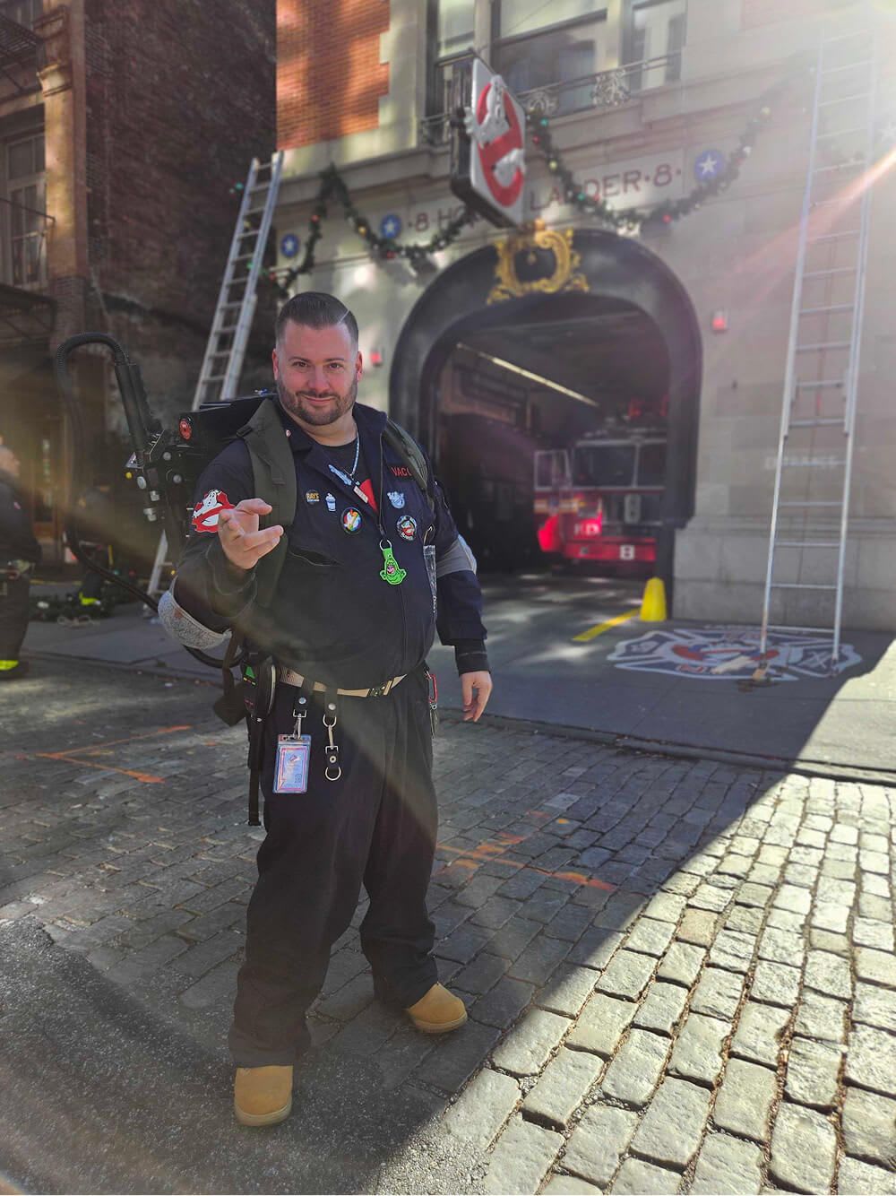 Joe Vaccaro in Holiday Ghostbusters Gear at Hook & Ladder 8 for the NYCGB Toy Drive 2024