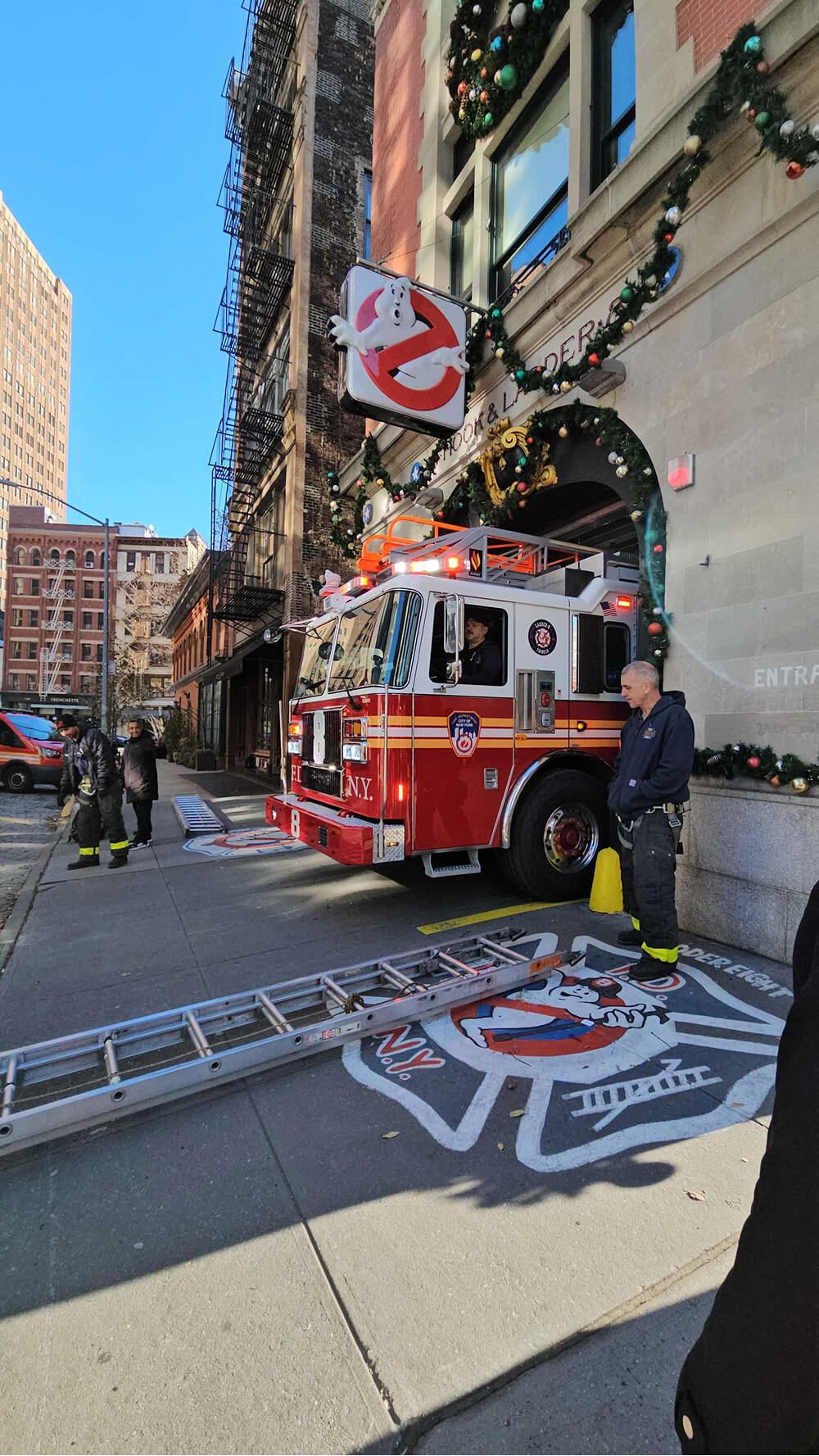 Fire truck leaving Hook & Ladder 8 in Ghostbusters Christmas Holiday decor