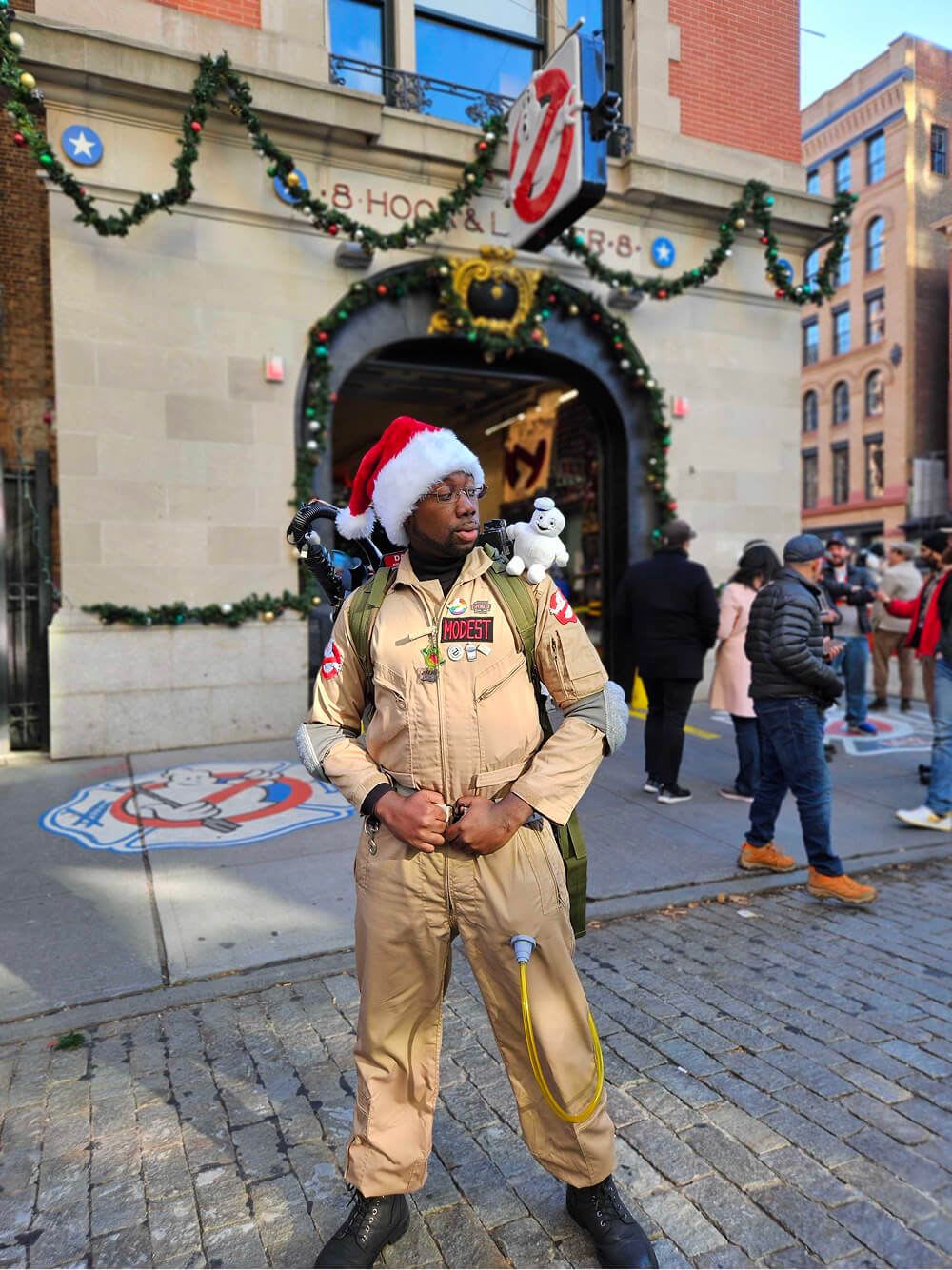 Jonathan Modest in Holiday Ghostbusters Gear at Hook & Ladder 8 for the NYCGB Toy Drive 2024