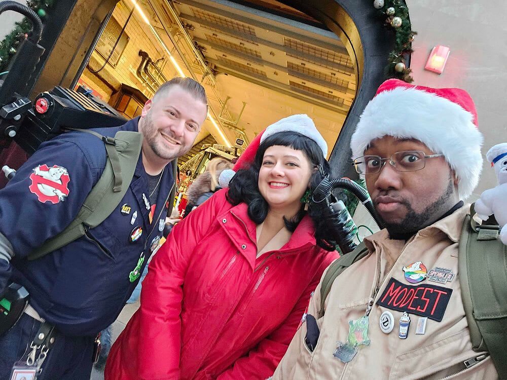 NYCGB members posing in front of Hook & Ladder 8 in Christmas holiday gear as part of the Ghostbusters Toy Drive