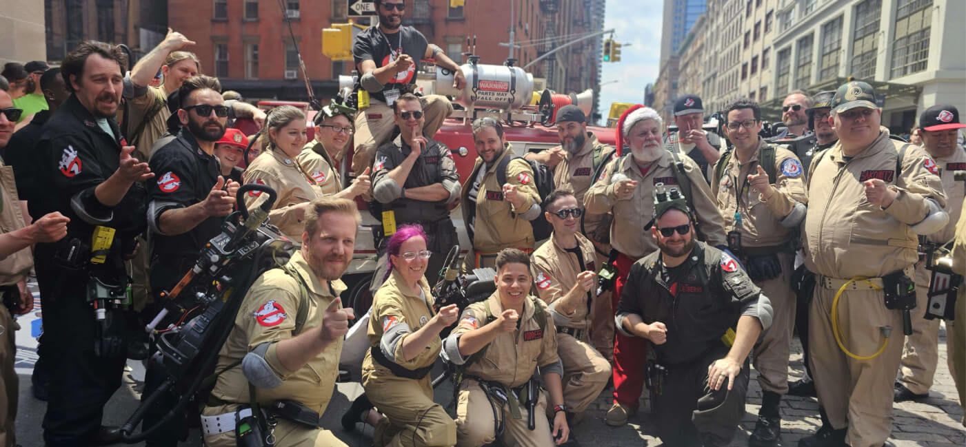 NYC Ghostbusters group picture on Ghostbusters Day 2023 at the Firehouse used from the film. Also, Santa Ghostbuster.