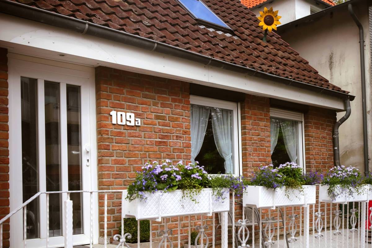 Das Haus von Aussen. Auf dem Dach ist eine Sonnenblume
