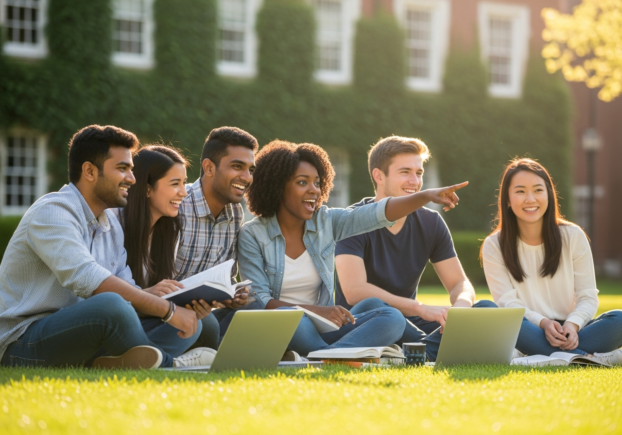 Students on campus lawn - Your journey starts here