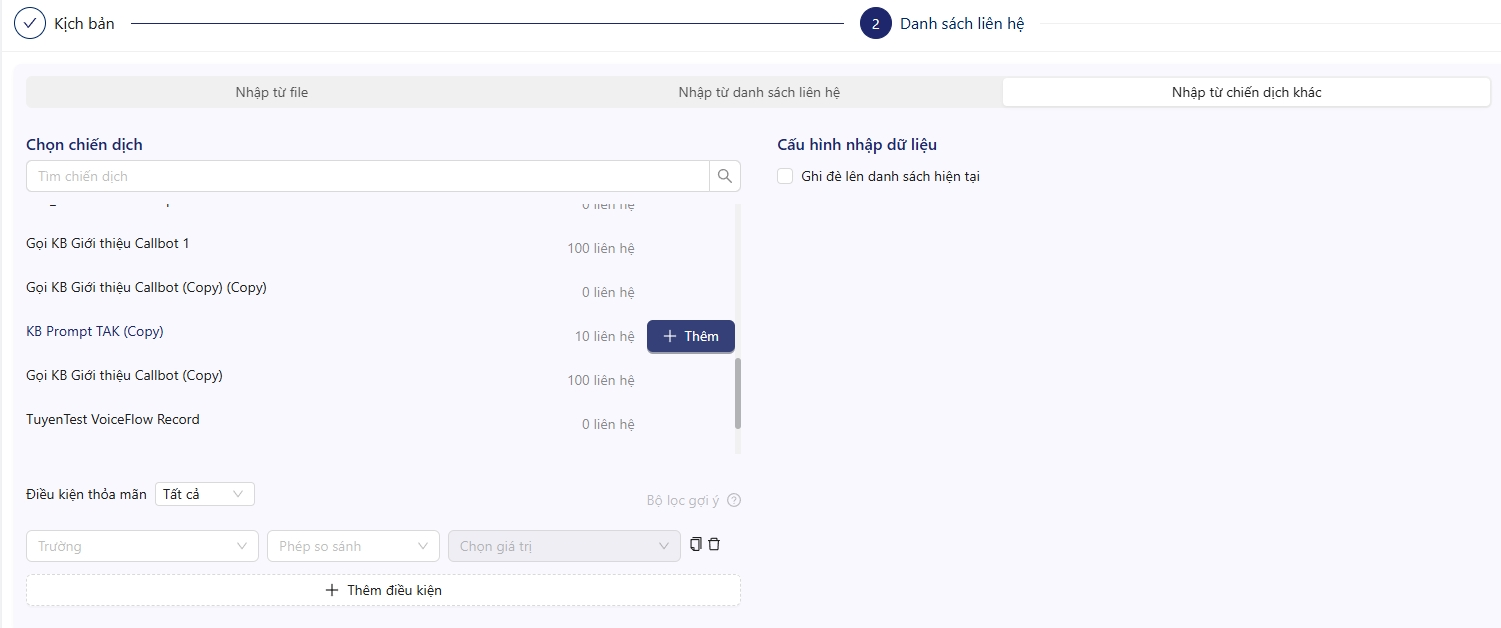 nhập từ chiến dịch khác