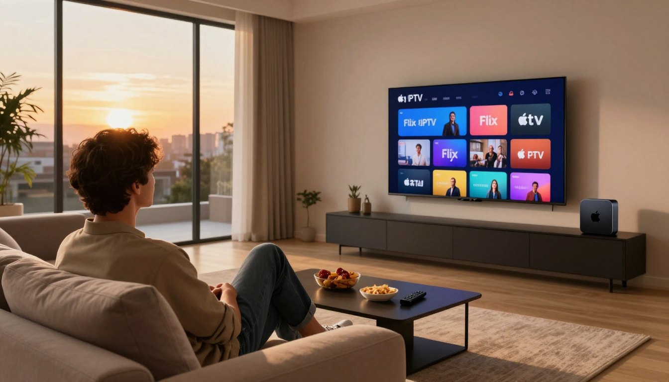 Mann schaut Flix IPTV auf Apple TV mit großem Smart TV im Wohnzimmer beim Sonnenuntergang – IPTV Streaming auf Apple TV 2026