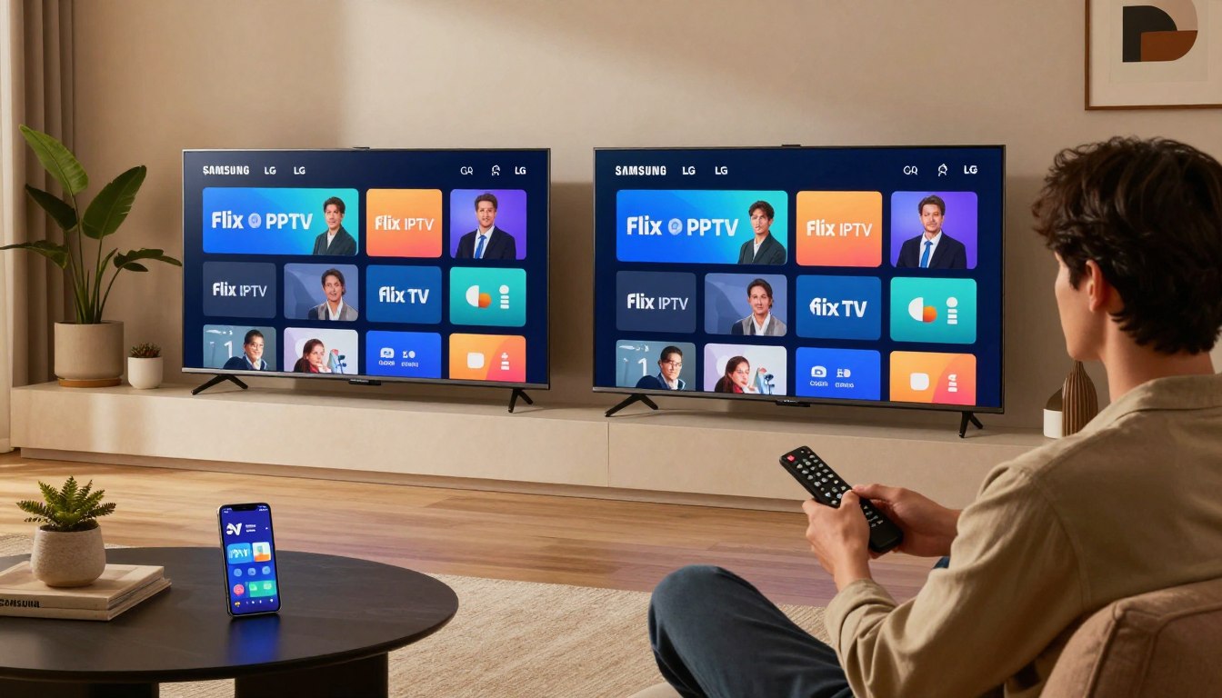 Gruppe schaut Flix IPTV Pro auf großem Samsung Smart TV im modernen Wohnzimmer – IPTV Samsung LG einrichten 2026