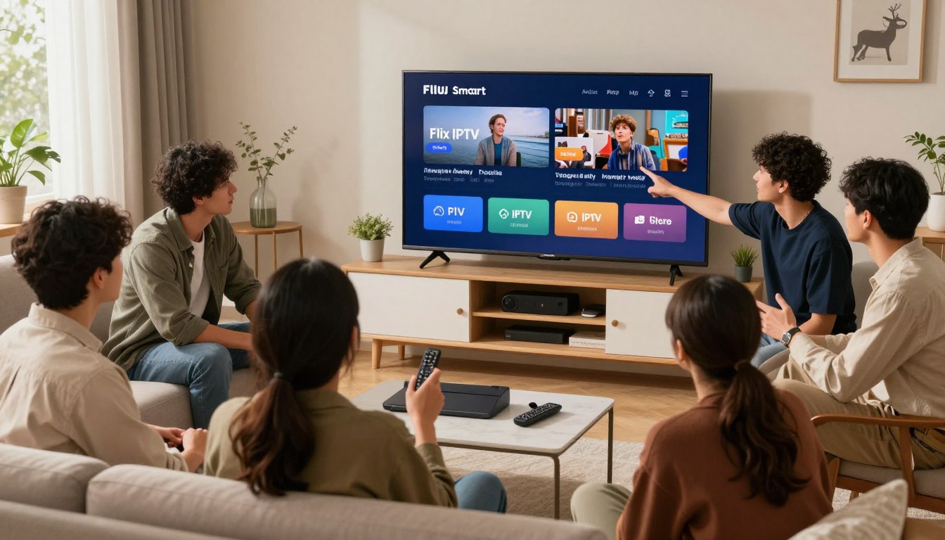 Mann richtet Flix IPTV pro auf Samsung Smart TV ein – Tablet zeigt IPTV App Interface, Fernbedienungen auf Tisch – Samsung IPTV Einrichtung 2026