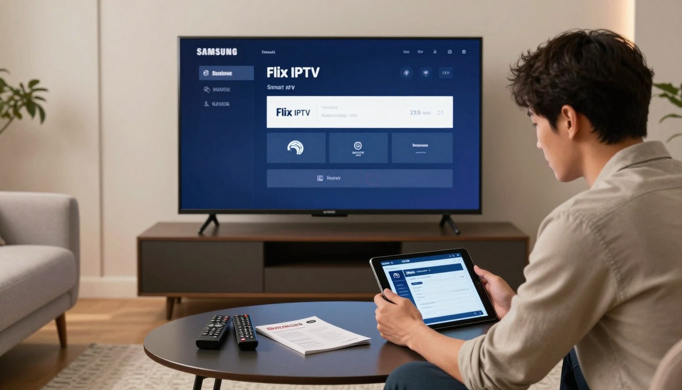 Person schaut Flix IPTV auf Samsung Smart TV allein – IPTV App auf dem großen Bildschirm im modernen Wohnzimmer 2026