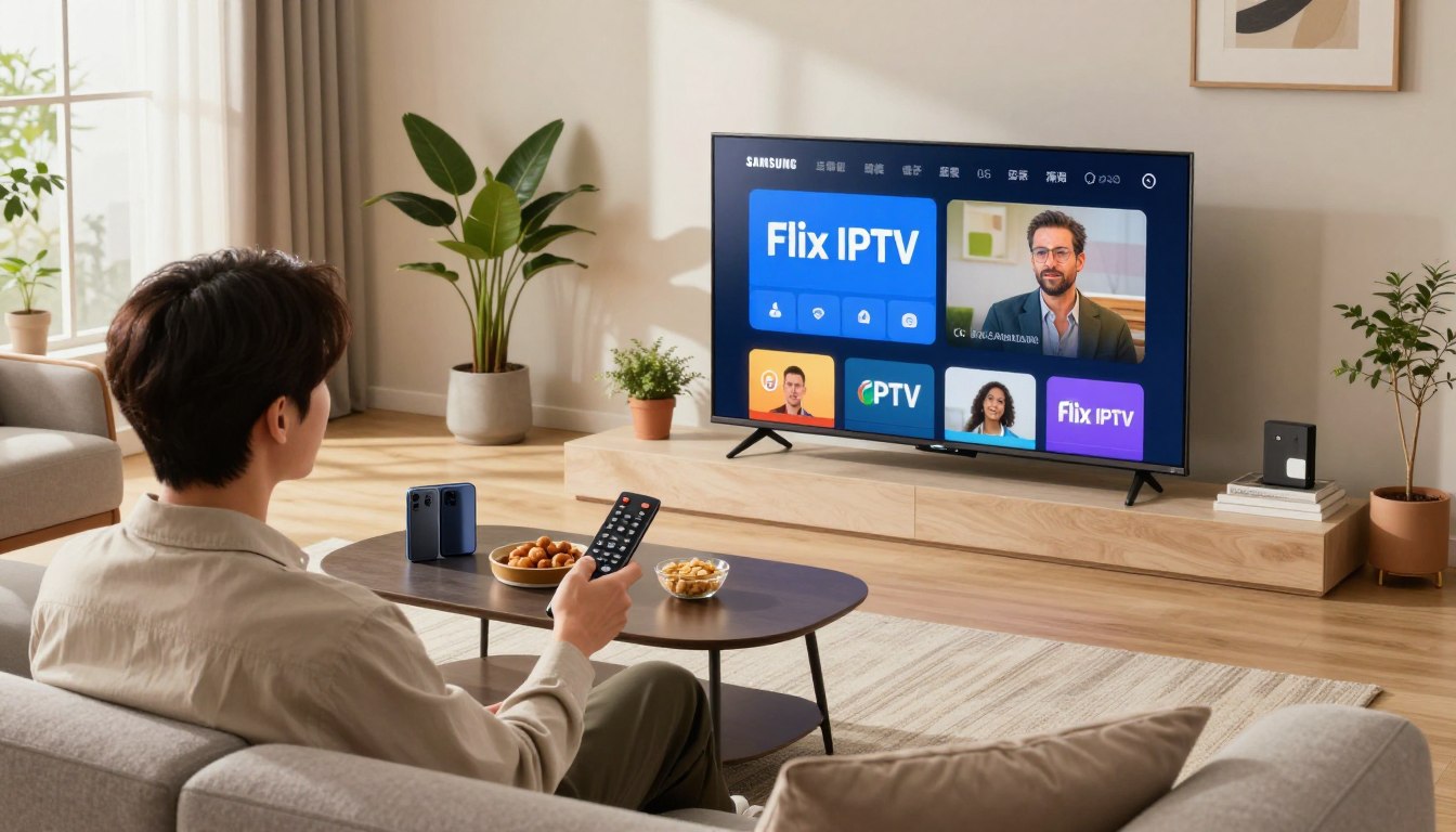 Mann richtet Flix IPTV auf IPTV Smarters Pro ein – Xtream Codes API Konfiguration auf PC Monitor 2026