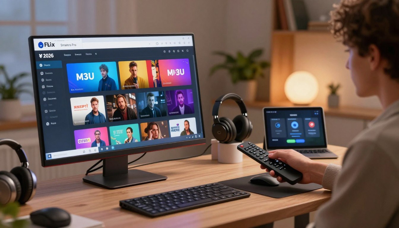Mann schaut Flix IPTV auf großem Smart TV und Tablet gleichzeitig – IPTV Smarters Pro Multi-Device Streaming 2026