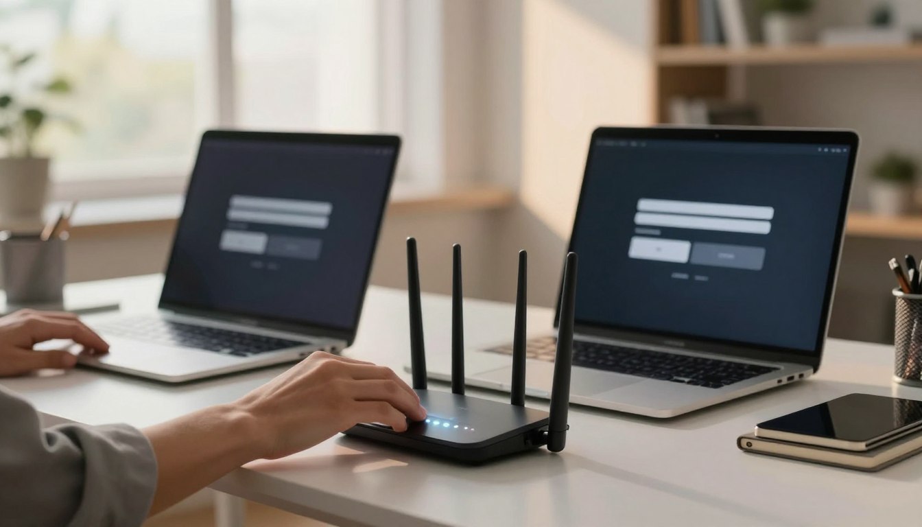 Flix iptv Techniker analysiert IPTV Netzwerkverbindung am Laptop mit Router und Switch – IPTV Verbindungsprobleme lösen 2026