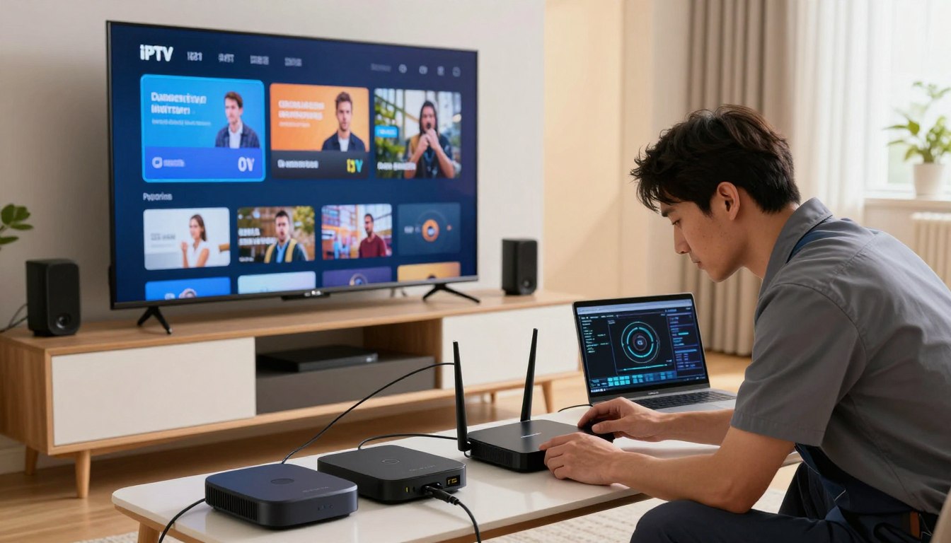 Mann schaut Flix IPTV auf großem Smart TV mit Tablet – Flix IPTV Pro optimiert auf leistungsstarker Hardware 2026
