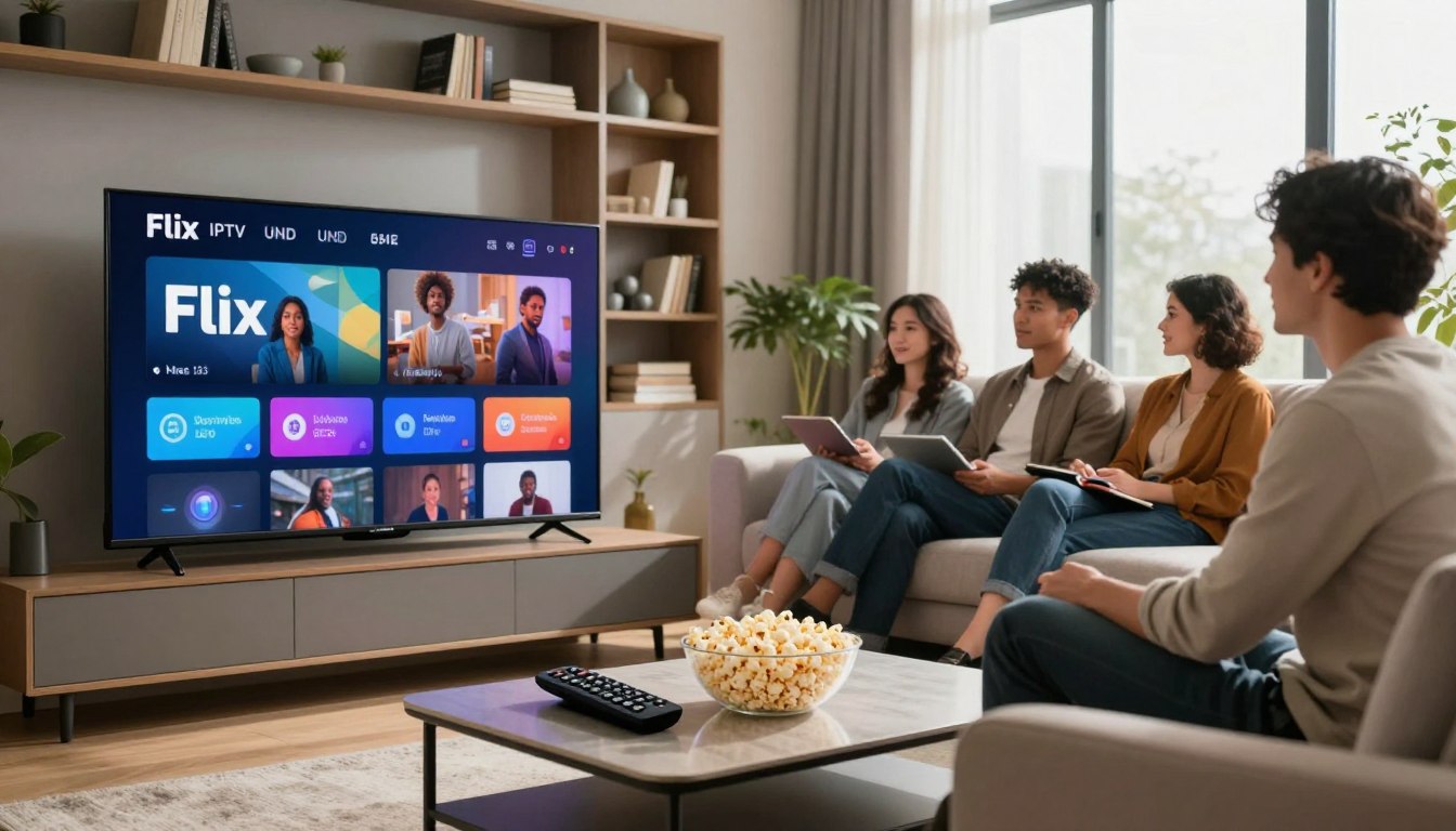 Paar schaut Flix IPTV 4K UHD auf großem Smart TV – Online Fernsehen in bester Bildqualität