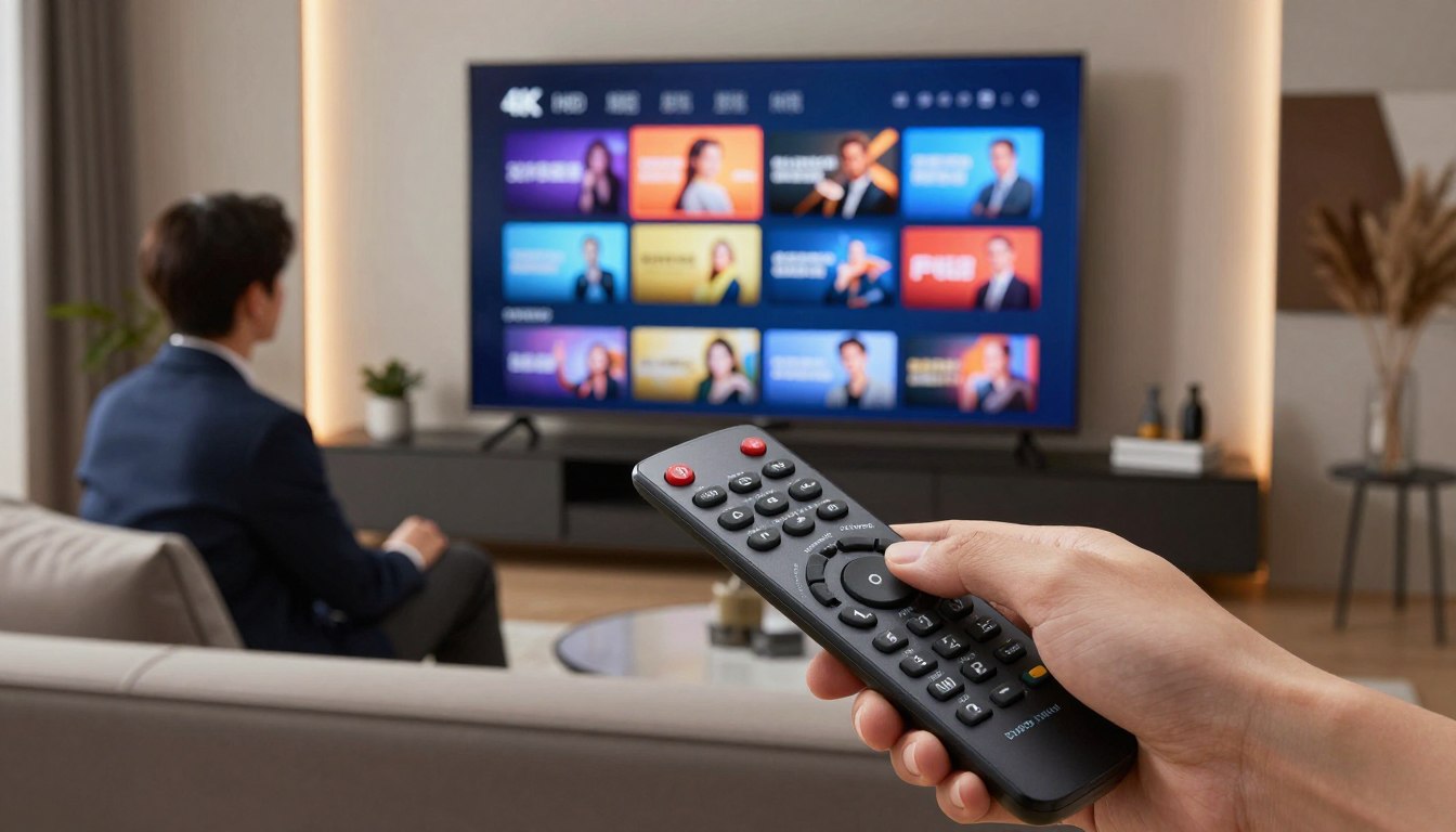 Frustrierter Mann vor IPTV Buffering Bildschirm – häufige IPTV Probleme und Lösungen