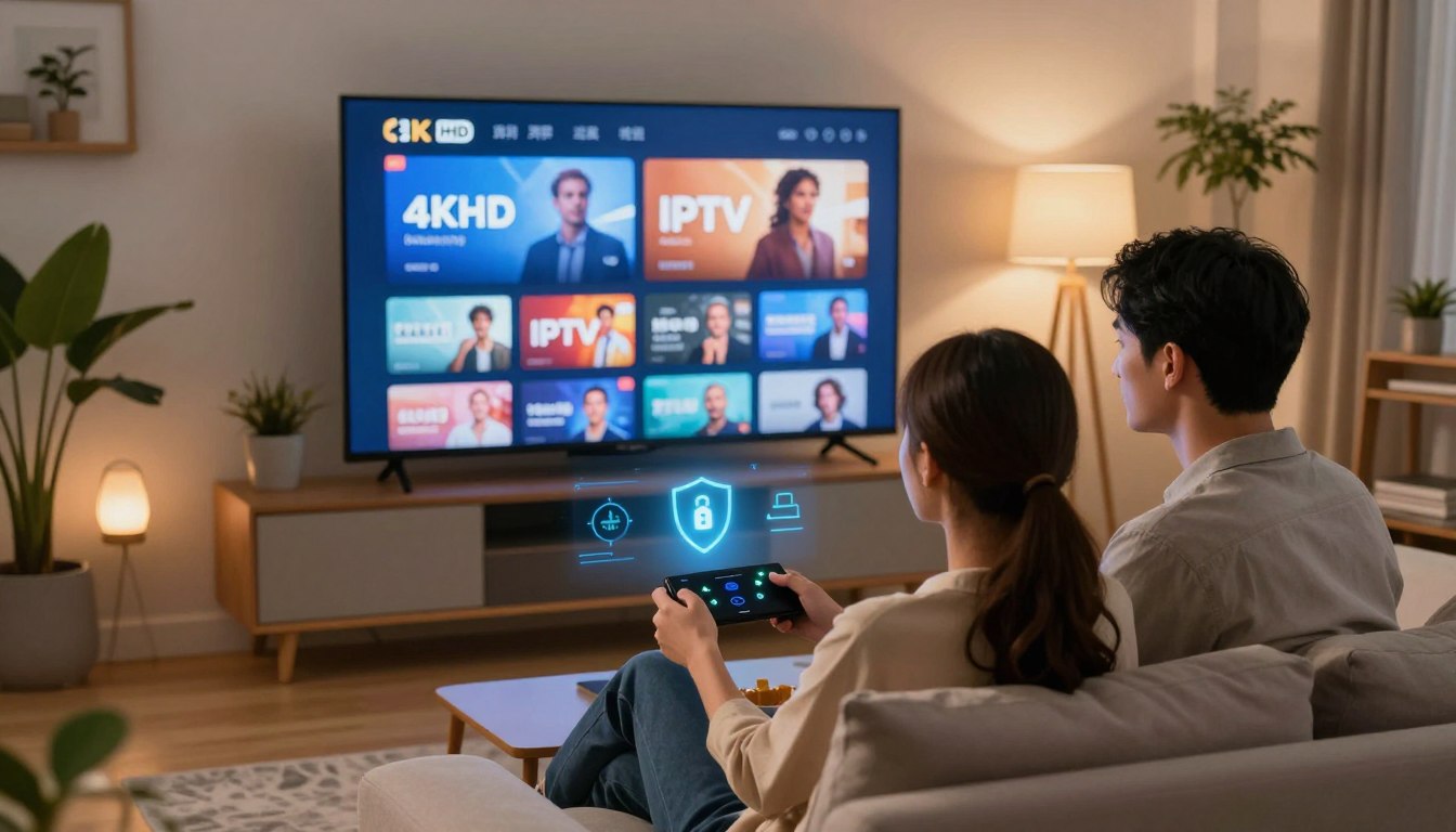 Gruppe schaut Flix IPTV in 4K UHD auf großem Smart TV – Multiscreen IPTV Streaming im Wohnzimmer
