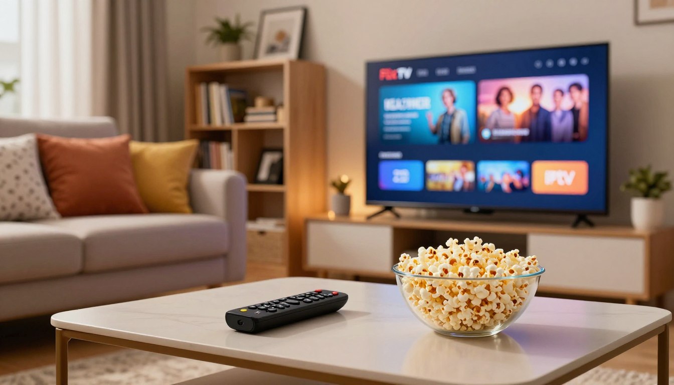 Hand hält Amazon Fire Stick Fernbedienung vor Smart TV mit Flix IPTV – beste IPTV Apps Fire Stick