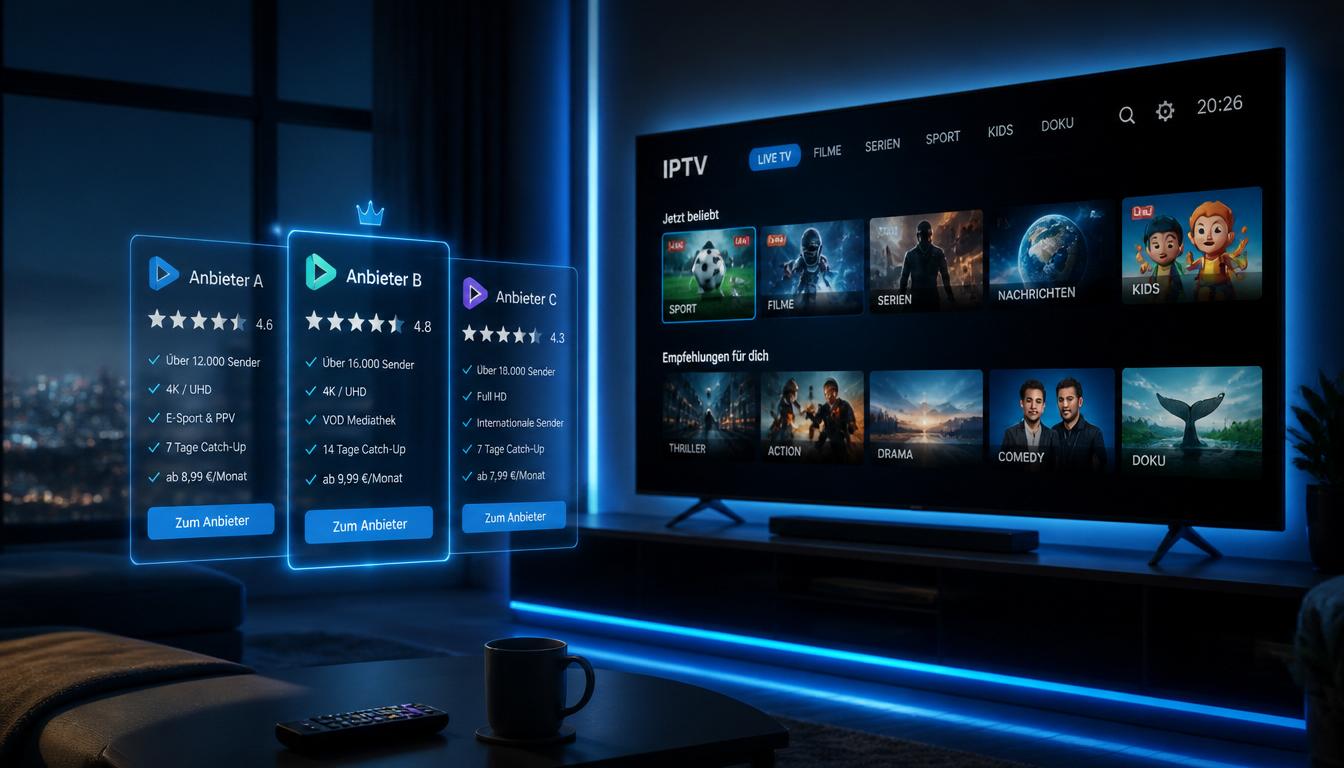 Gruppe von Freunden und Familie schaut begeistert Flix IPTV Pro auf großem Smart TV im modernen Wohnzimmer bei Nacht – IPTV für die ganze Familie Deutschland