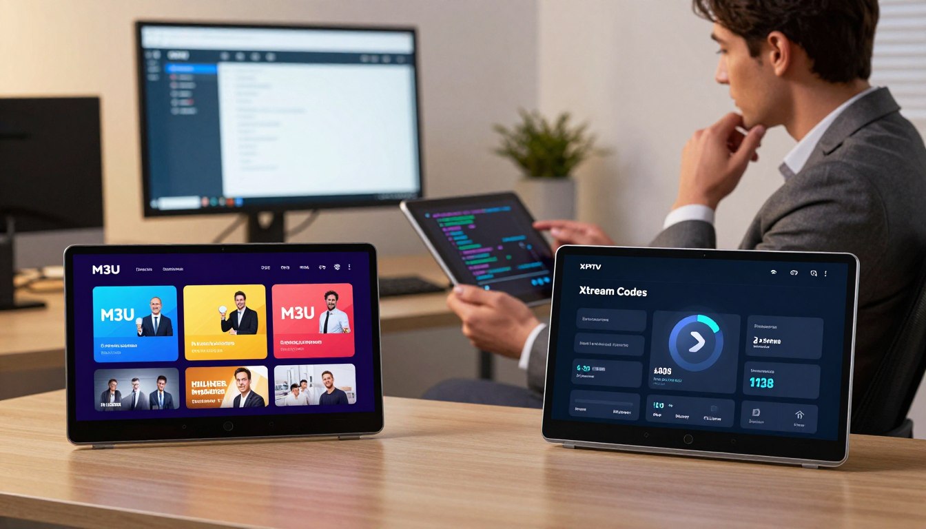 Frau vergleicht M3U-Playlist auf linkem TV mit Xtream Codes auf rechtem TV – direkter Vergleich