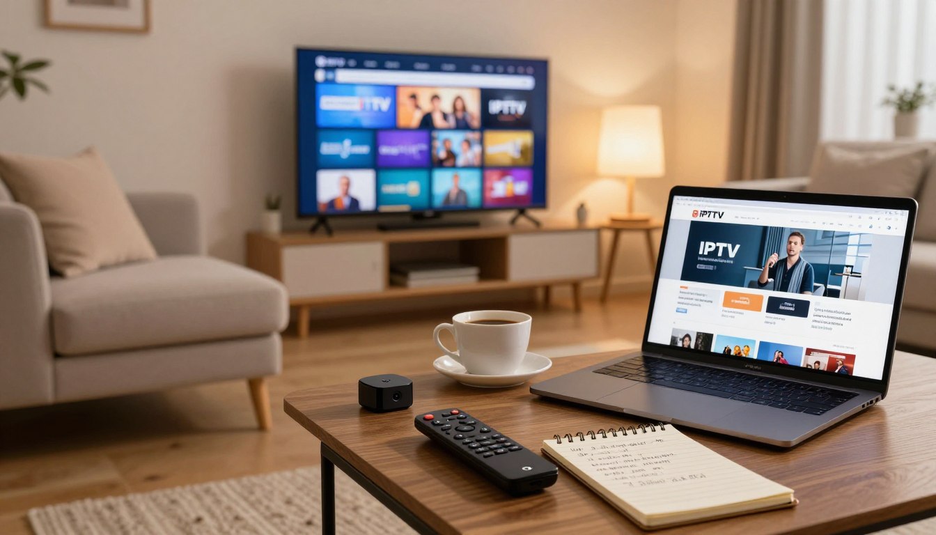 IPTV auf Firestick einrichten 2026 – schwarze IPTV-Box auf Holztisch vor Smart-TV mit buntem IPTV Interface, modernes Wohnzimmer