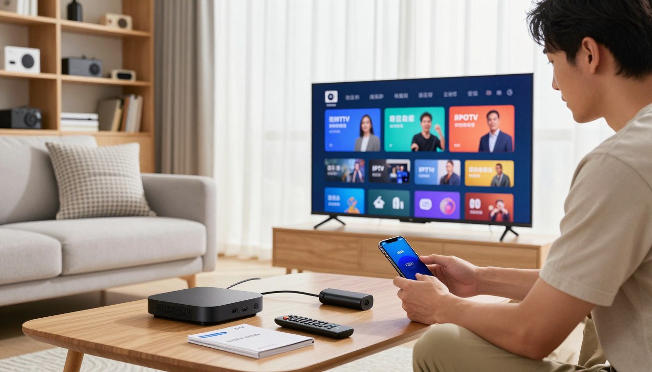 IPTV auf Fire TV Stick installieren – Person installiert Firestick IPTV App mit Smartphone als Anleitung, IPTV kaufen einrichten