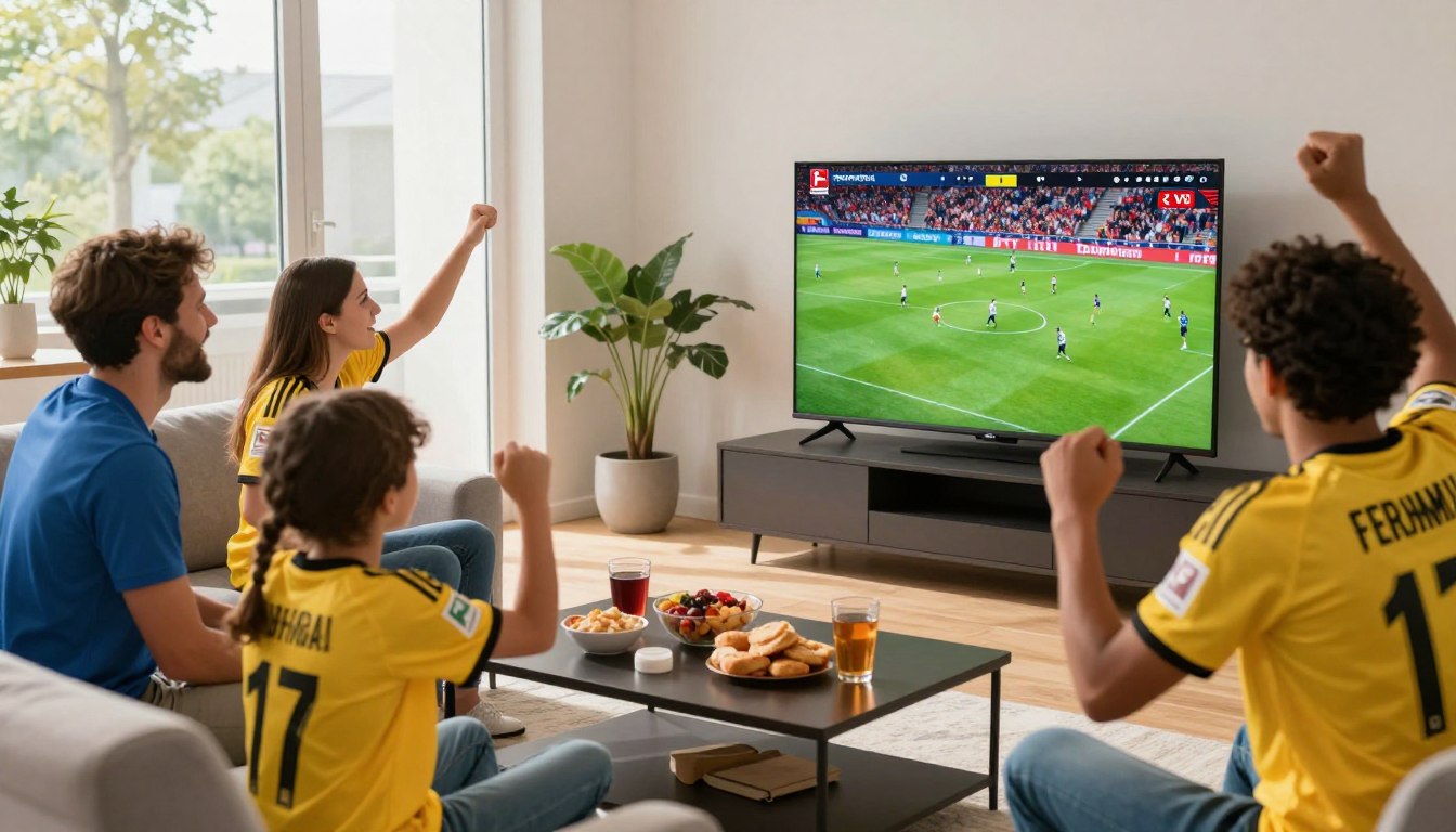 Familie jubelt beim Bundesliga-Tor auf Smart-TV via IPTV – Bundesliga live zuhause mit IPTV streamen 