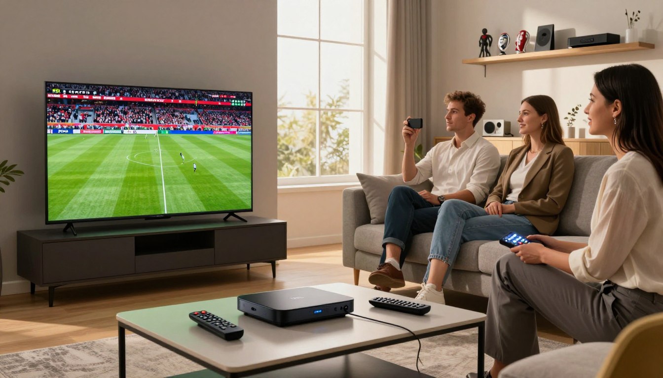 Freunde schauen Bundesliga live via IPTV auf Smart-TV im Wohnzimmer – Bundesliga weltweit streamen mit IPTV