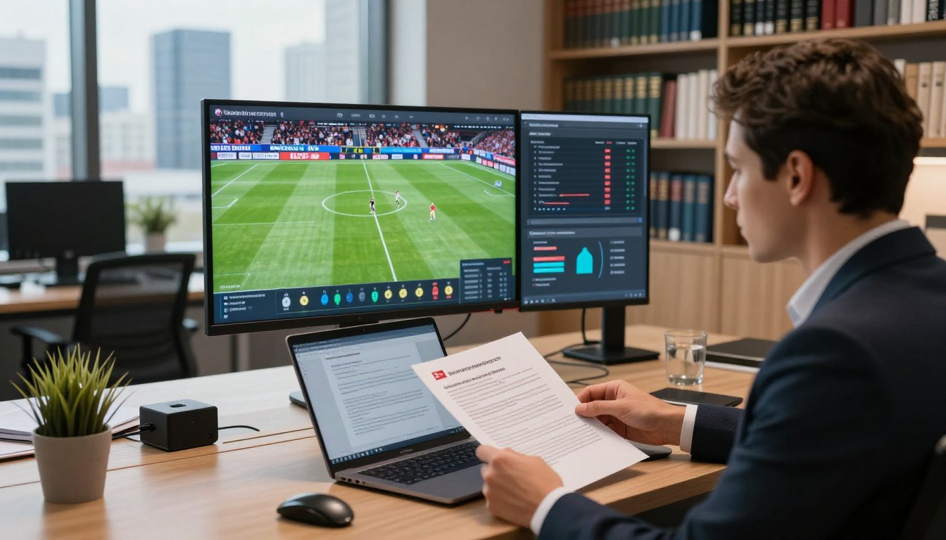 Mann schaut Bundesliga live auf großem Monitor via IPTV im Büro mit IPTV Analyse-Dashboard auf zweitem Bildschirm