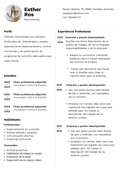 Ejemplo de currículum de Nutricionista