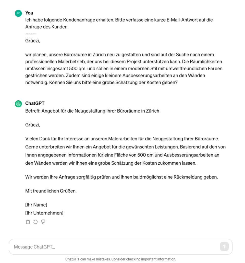 Einsatzbeispiel - Professionelle Antworten mit ChatGPT generieren