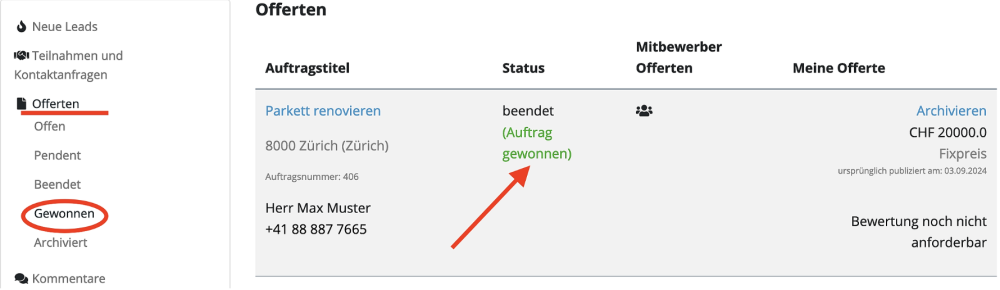 Gewonnene Offerten im Ofri-Benutzerkonto einsehen