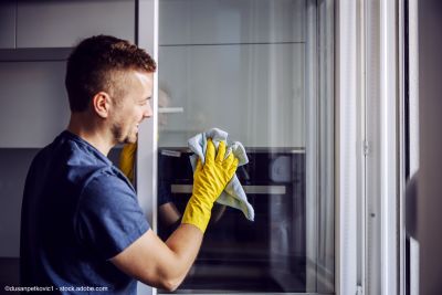 Un jeune homme nettoie des fenêtres