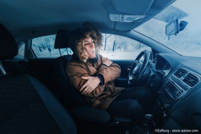 Un homme en doudoune tente de se réchauffer dans sa voiture