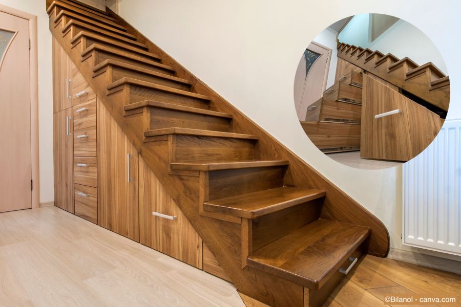 Escalier moderne en bois avec espace de rangement