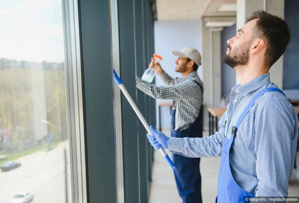 Ein Arbeiter reinigt mit einem Tuch ein Fenster in einem neuen Büroraum