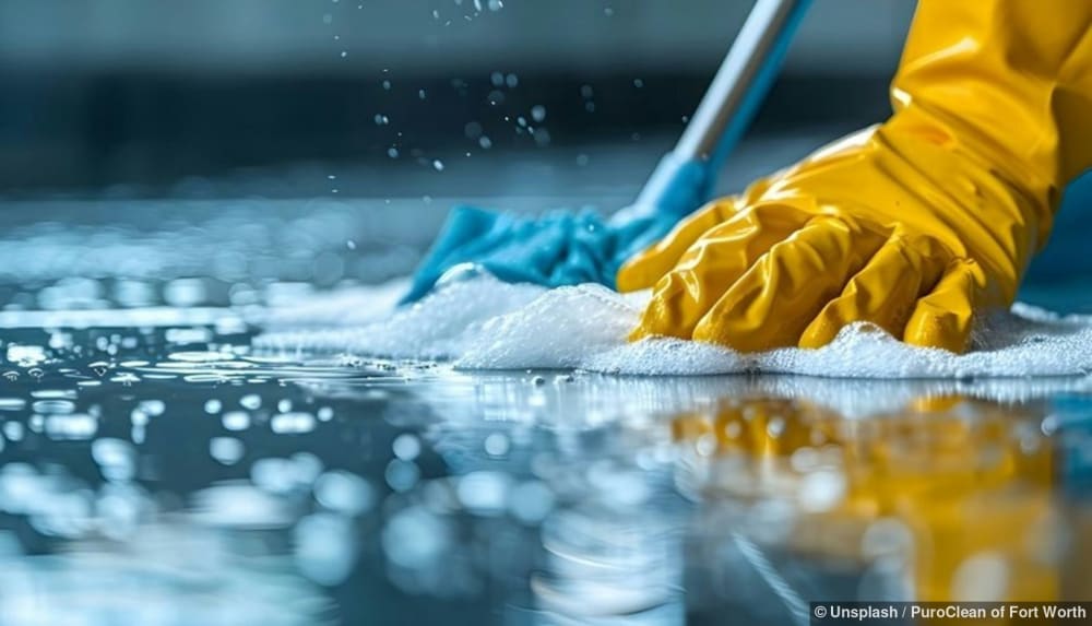 Person mit gelben und blauen Handschuhen reinigt einen Boden eines Baubereichs