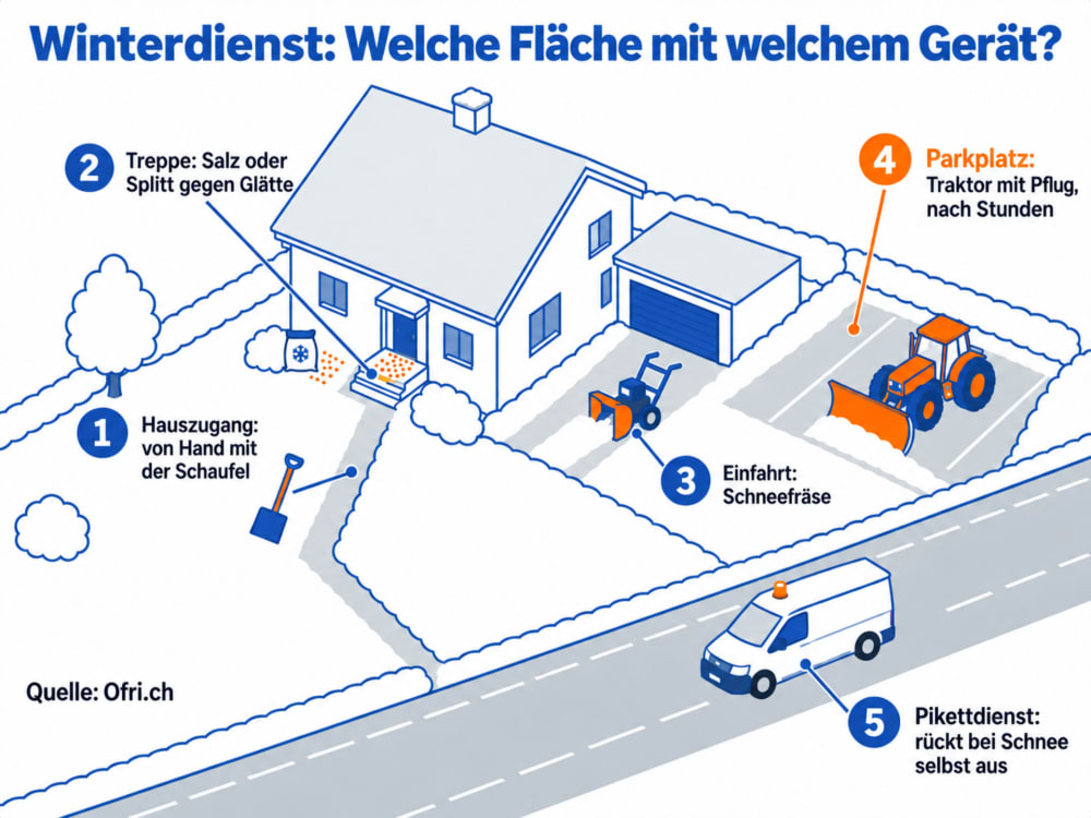 Winterdienst: welche Fläche mit welchem Gerät – Hauszugang von Hand, Einfahrt mit Schneefräse, Parkplatz mit Traktor
