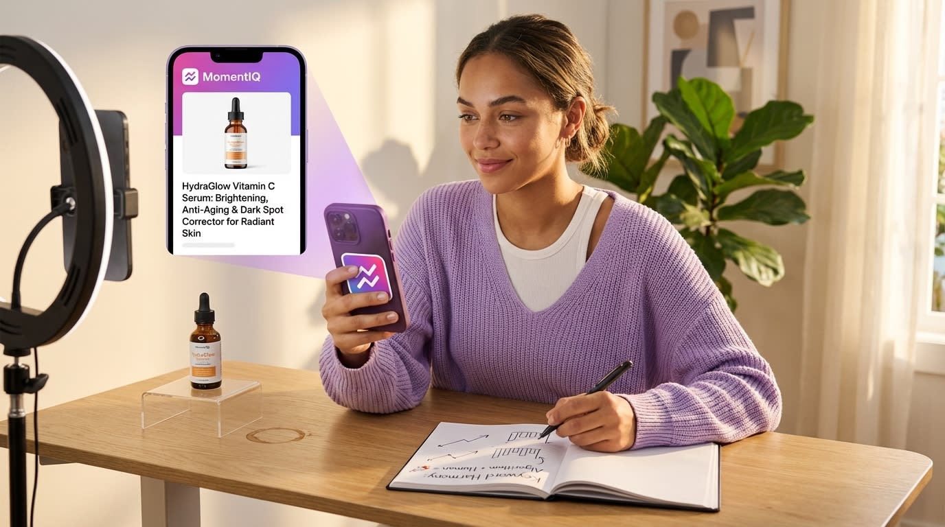 A professional creator studio setup with a smartphone on a tripod displaying a TikTok Shop product video, emphasizing quality content for product attribution.