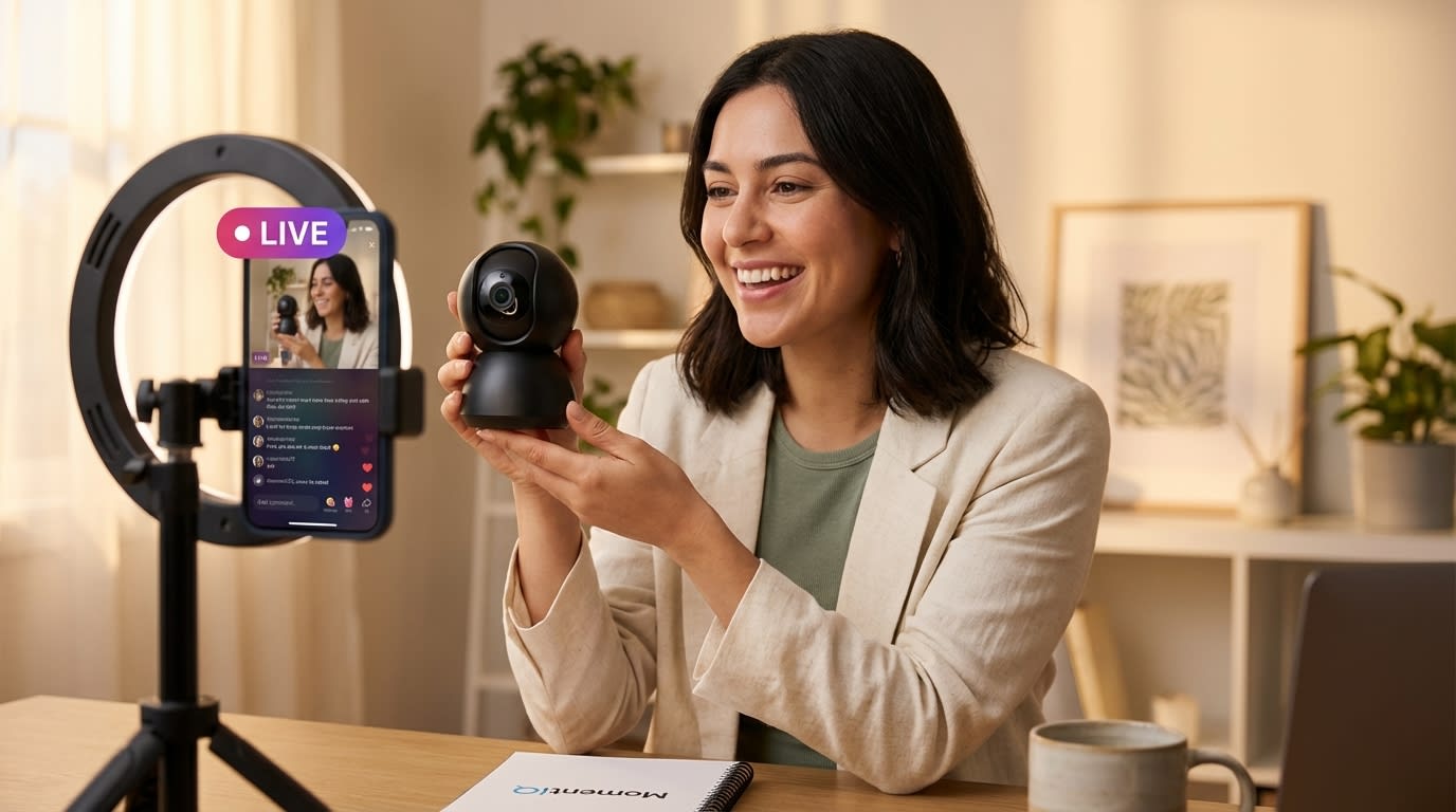 An energetic creator enthusiastically demonstrating a product for a TikTok video, showcasing dynamic content creation for product promotion.