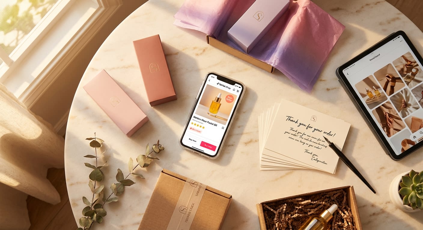A flat lay of several beautifully optimized TikTok Shop product images displayed on a tablet and phone, surrounded by marketing tools.