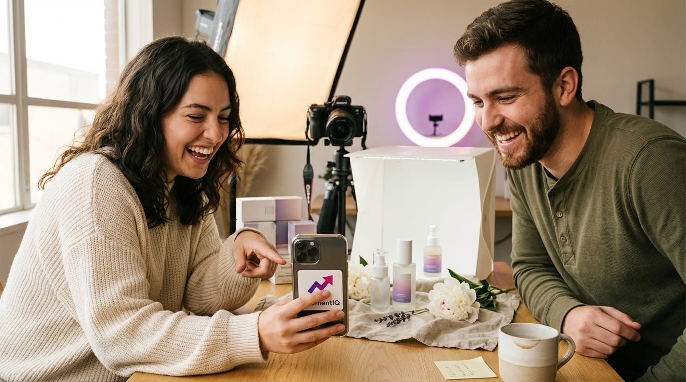 A team of marketing specialists excitedly reviewing optimized TikTok Shop performance data on a large screen, celebrating successful strategies.