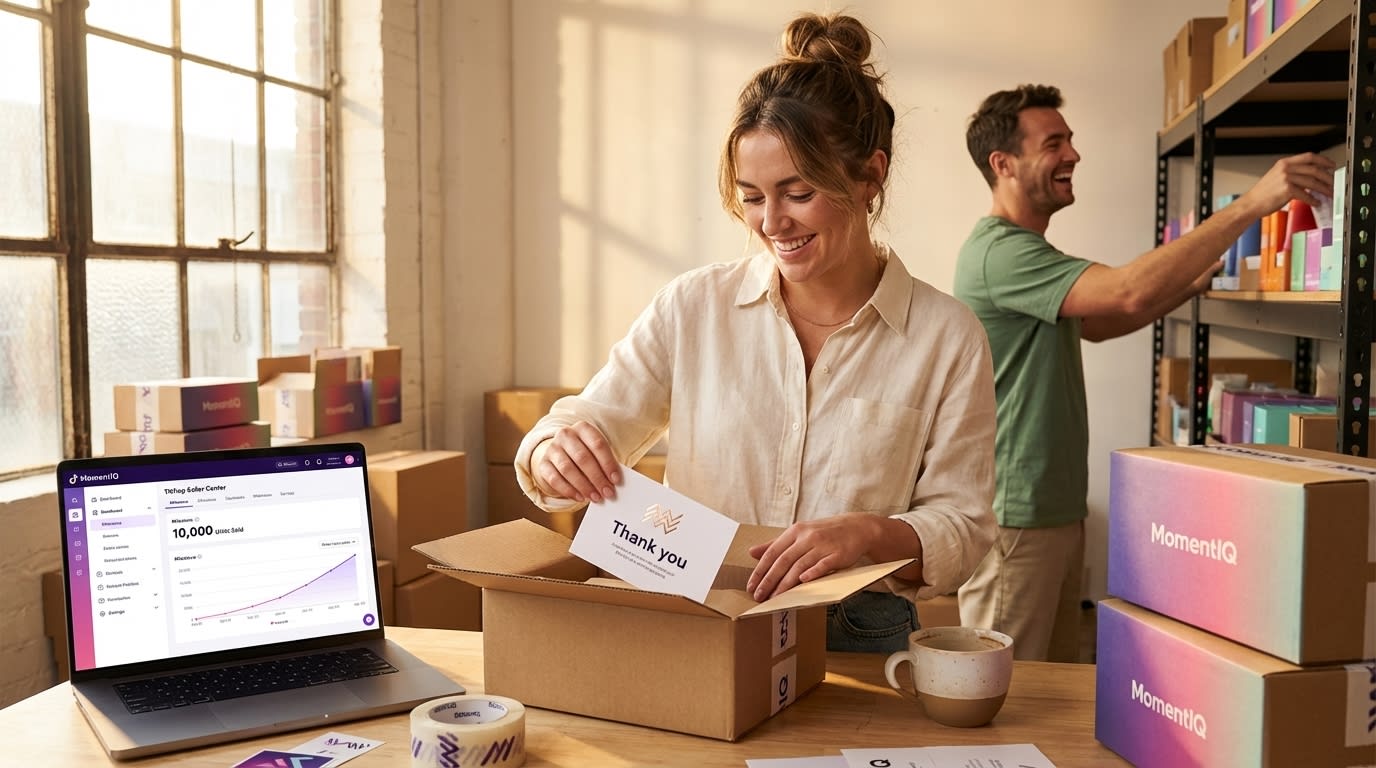 A bustling and thriving TikTok Shop fulfillment space, with workers efficiently managing multiple products for a diverse SKU ecosystem.