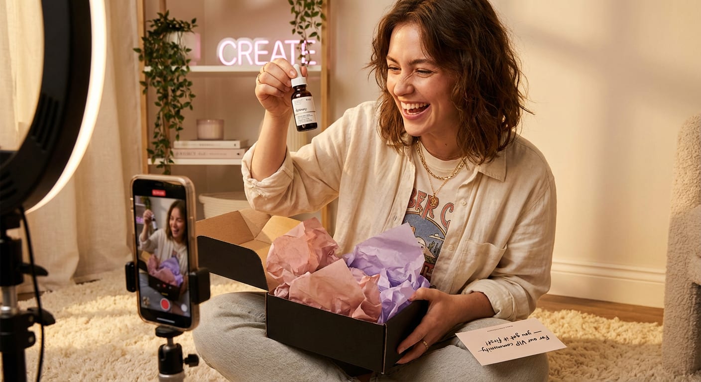 Creator excitedly unboxing exclusive TikTok Shop brand community product seeding package while filming content