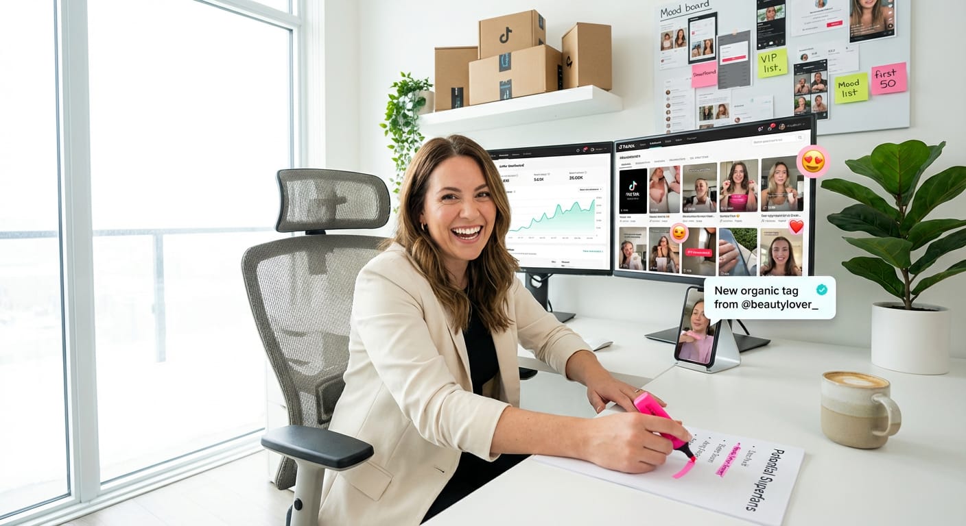 Brand manager excitedly identifying TikTok Shop superfans from customer data and organic user-generated content