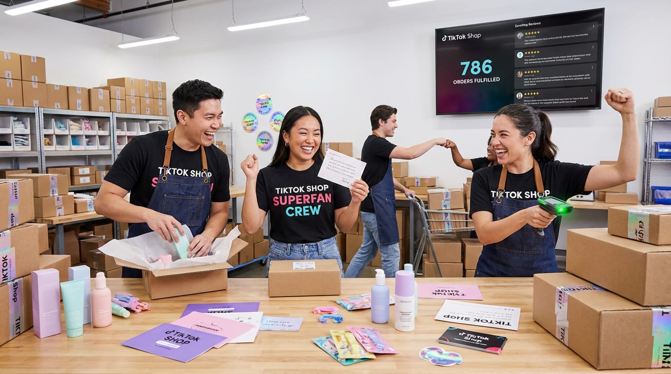 Team joyfully packing TikTok Shop superfan community care packages in organized fulfillment warehouse with order dashboard