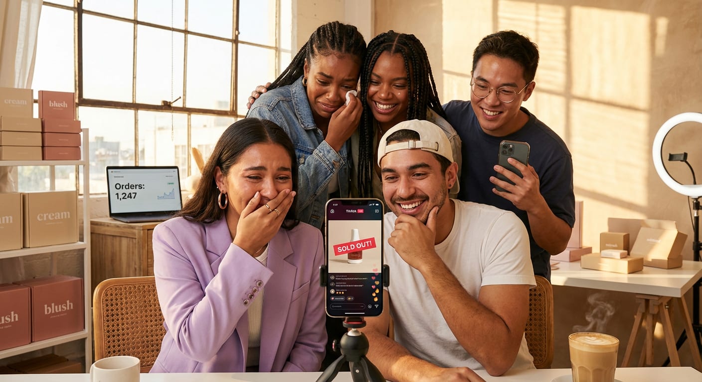 Excited team celebrating a TikTok Shop live stream product selling out with heart emojis on screen
