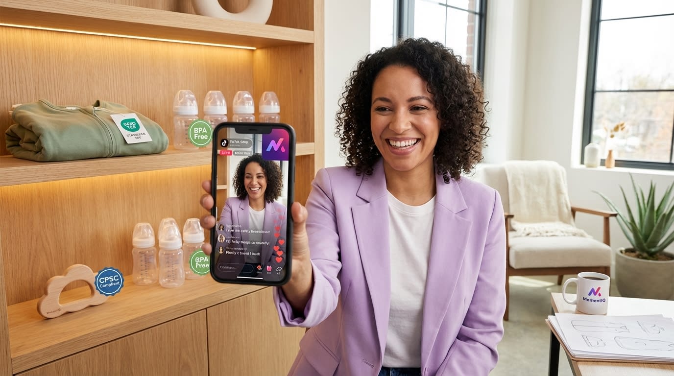 Beaming brand founder confidently presenting safety-first baby products on a TikTok Live stream with positive chat comments.