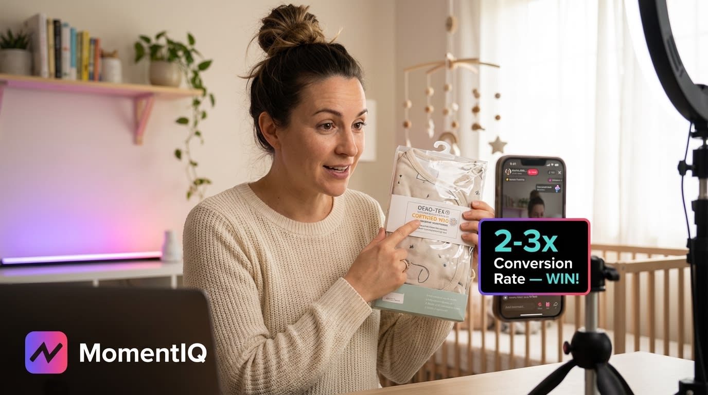 Charismatic parent creator highlighting a baby product's safety certification on TikTok, with a '2-3x Conversion Rate' overlay.